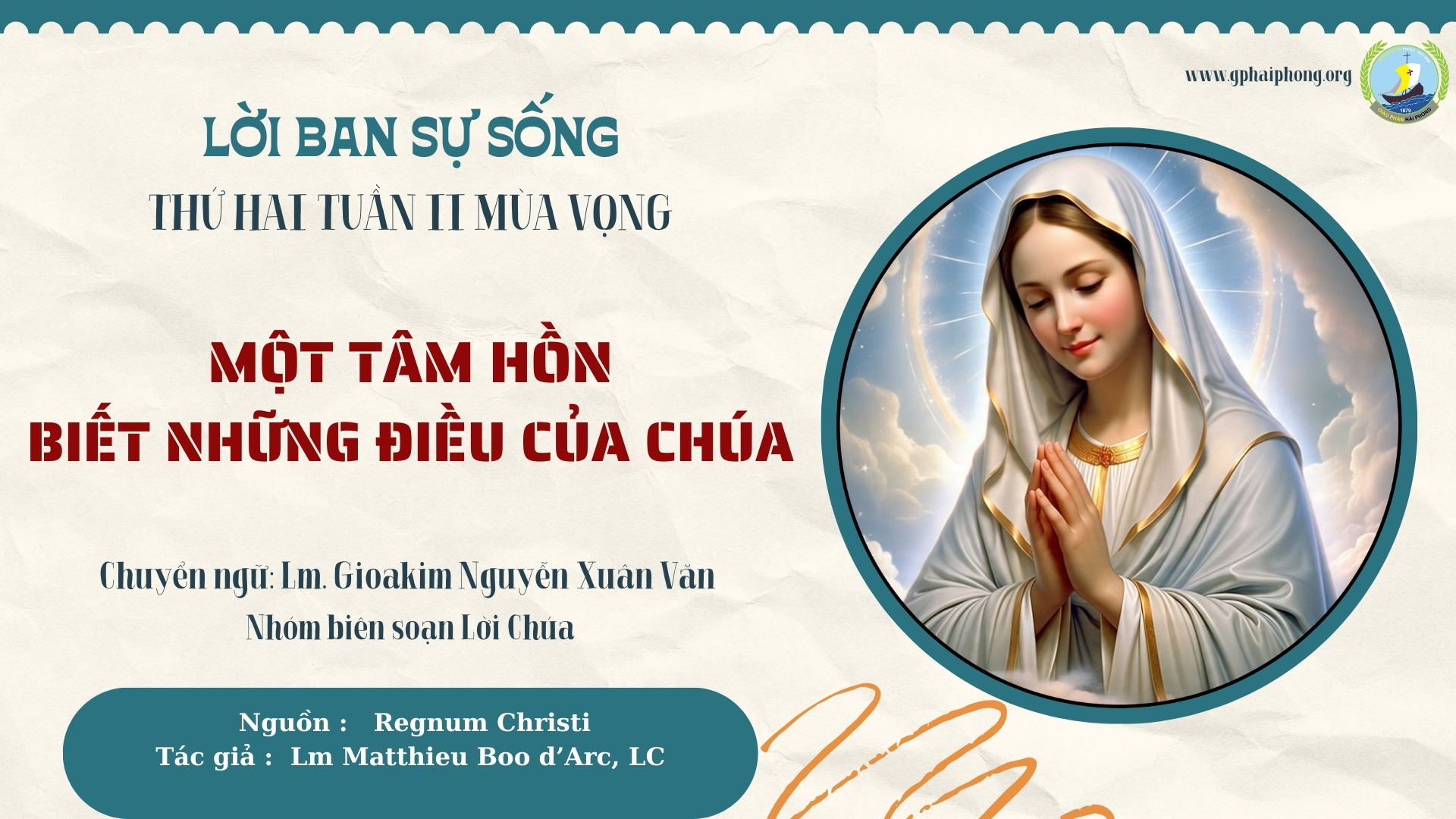 Lời ban Sự sống: Một tâm hồn biết những điều của Chúa_Lễ Đức Maria Vô nhiễm Nguyên tội